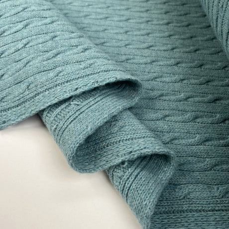 Cable Car Chunky Wool Aqua Blue Knitted Italian Lambswool Jumper Fabric Fold