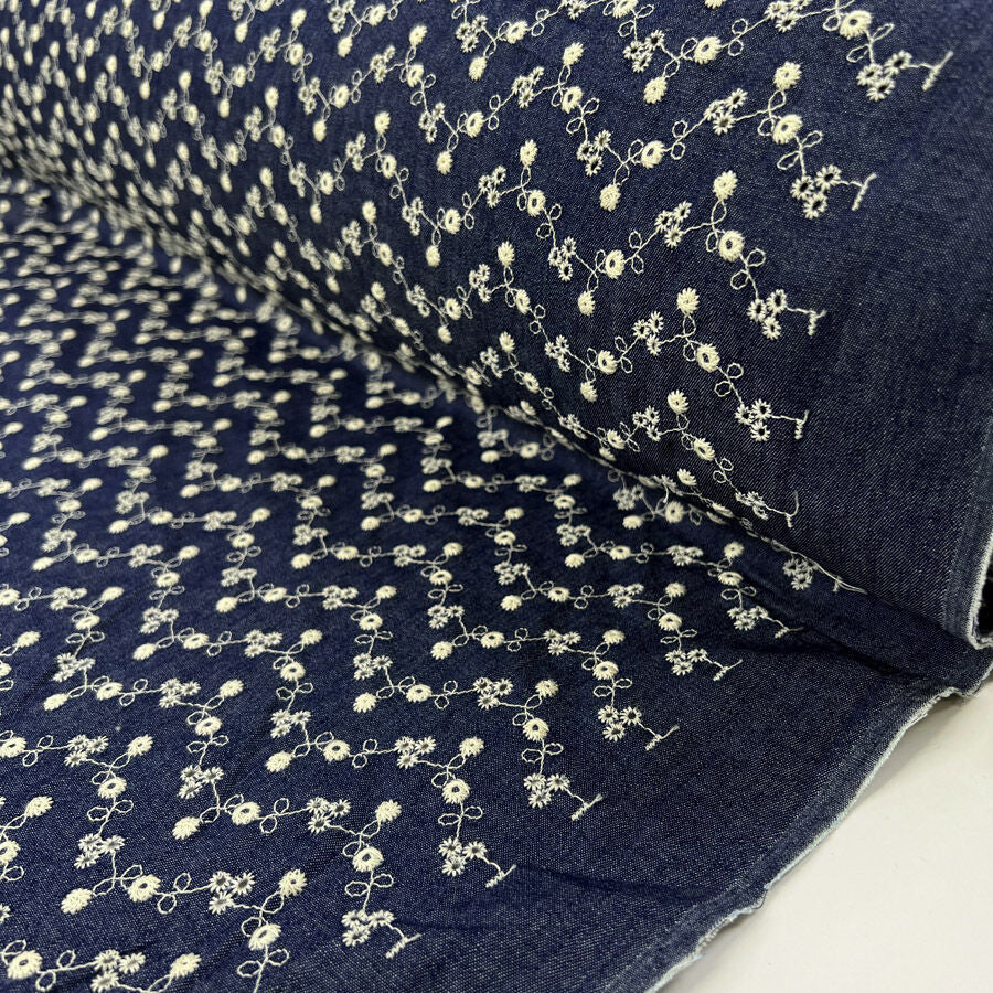 Chambray Anglaise Dark Blue Floral Embroidered Woven Dress Fabric Roll