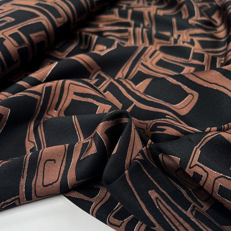 Chestnut Satin Black Brown Geometric Abstract Polyester Dress Fabric