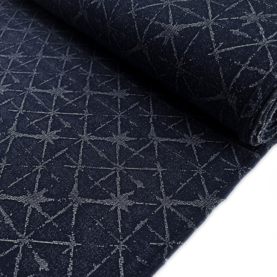 Christal Denim Jade Blue Knitted French Terry Looped Back Cotton Polyester Spandex Jersey Triangle Print Fabric Bolt