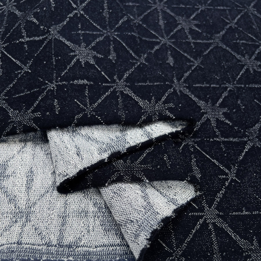 Christal Denim Jade Blue Knitted French Terry Looped Back Cotton Polyester Spandex Jersey Triangle Print Fabric Fold