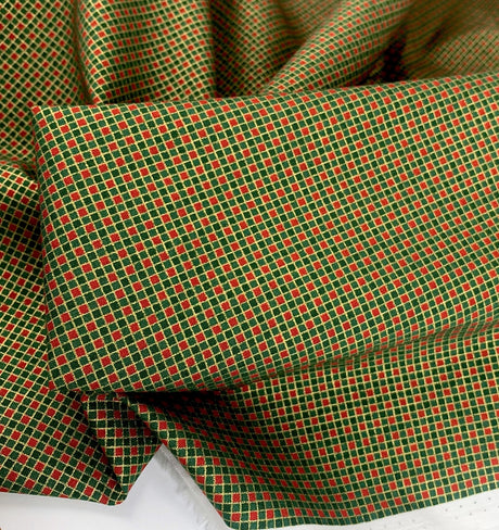 Christmas List Cotton Poplin Checked Print In Green Red And Gold Fold