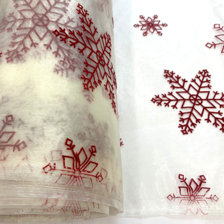 Christmas Organza Flock Snowflakes Ivory Organza Christmas Fabric Close Up Fabric Photo Custom