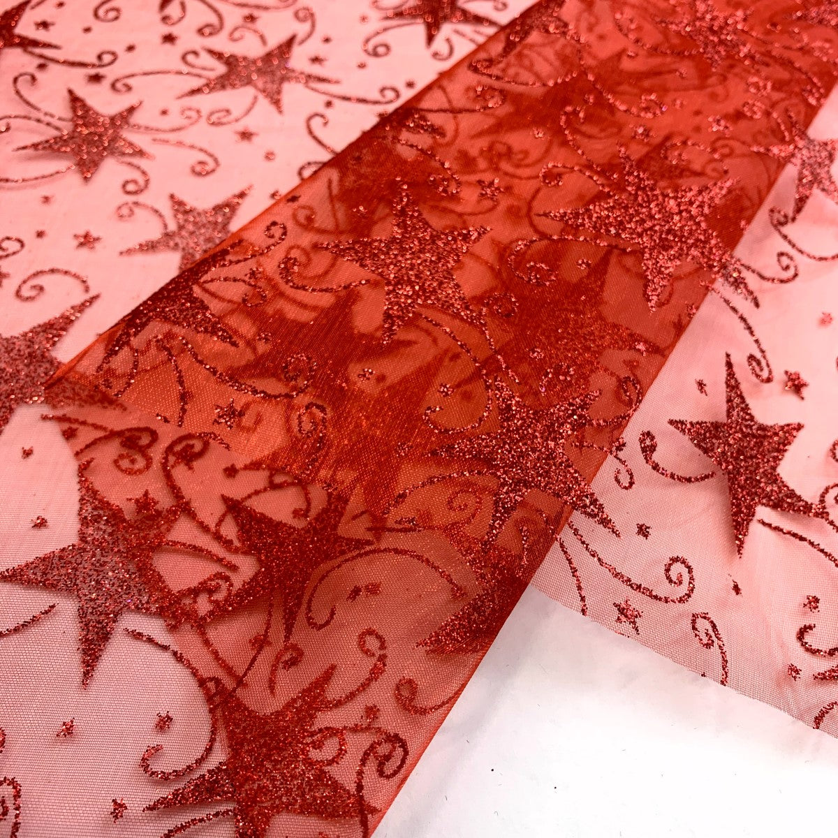 Christmas Organza - Glitter Stars - Red