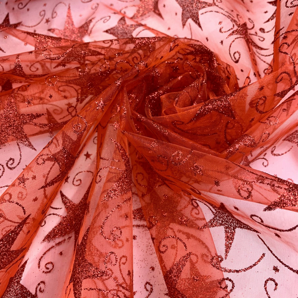 Christmas Organza - Glitter Stars - Red