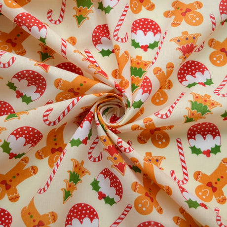 Christmas Poly Cotton Gingerbread Man Gingerbread Man Cookies Cream Polycotton Fabric Cud
