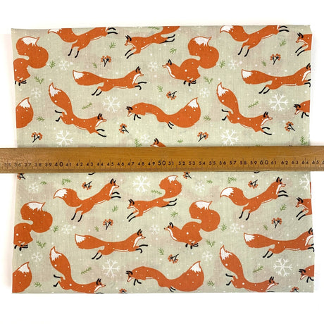 Christmas Polycotton Festive Fox Beige Scale