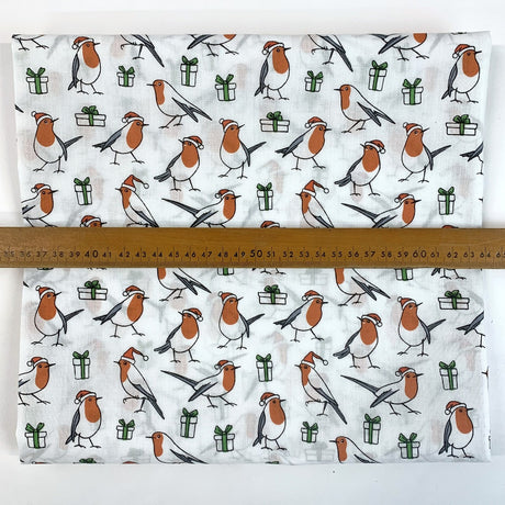 Christmas Polycotton Little Robin White Scale