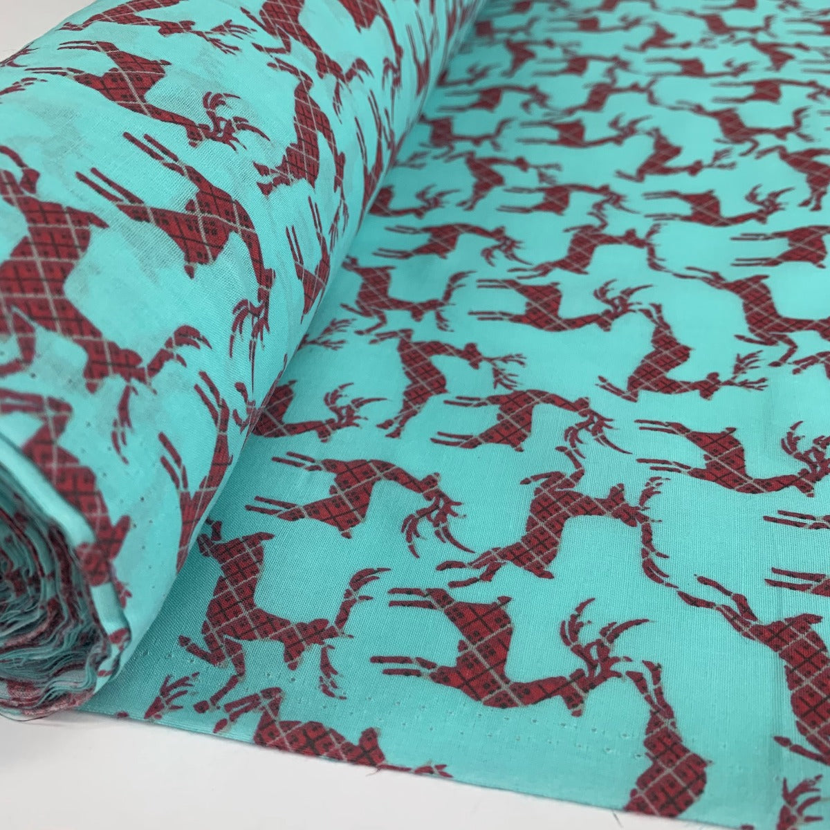 Christmas Poly/cotton - Tartan Reindeer - Aqua