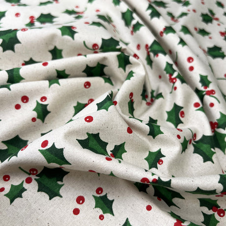 Christmas Cotton Mistletoe Green Red Holly Print Craft Fabric