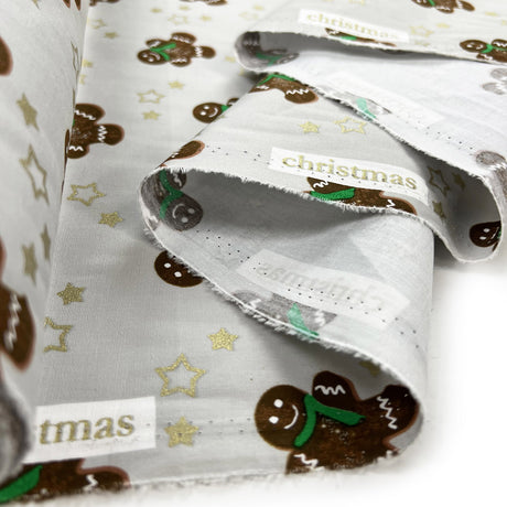 Christmas Cotton Poplin Fabric Grey Gingerbreaad Men Jolly Gingers Roll