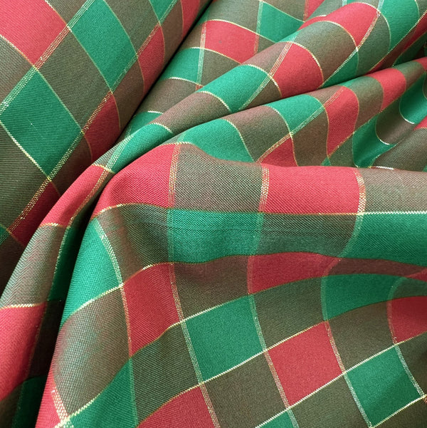 Christmas Craft Fabric Polyester Metallic Green Check Gold Taffeta Gingham Sparkle