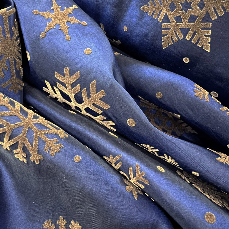 Christmas Craft Fabric Polyester Taffeta Flocked Snowflakes Blue Gold