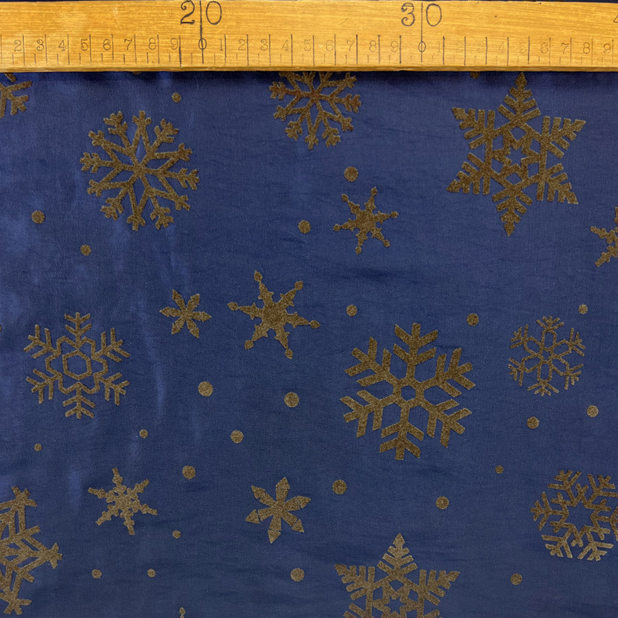 Christmas Craft Fabric Polyester Taffeta Flocked Snowflakes Blue Gold Ruler