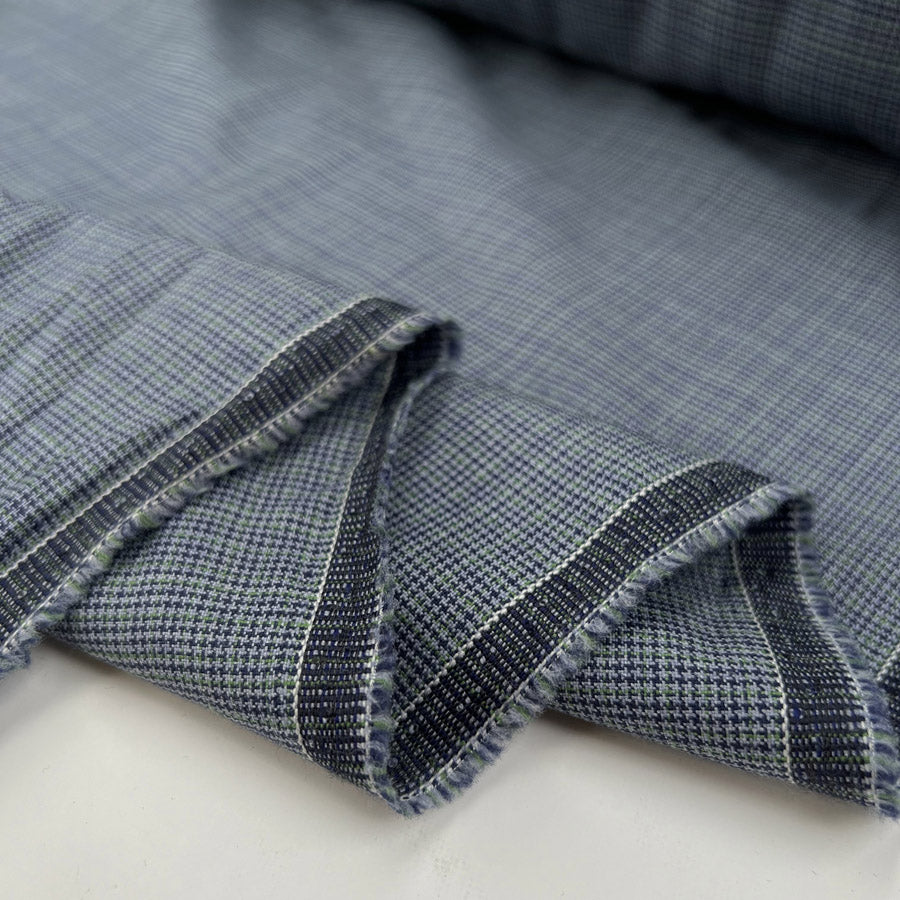 Coalport green blue tiny woven check fine wool suiting fabric fold