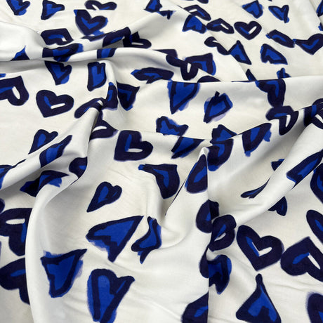 Cobalt Kiss White Blue Heart Print Viscose Dress Fabric