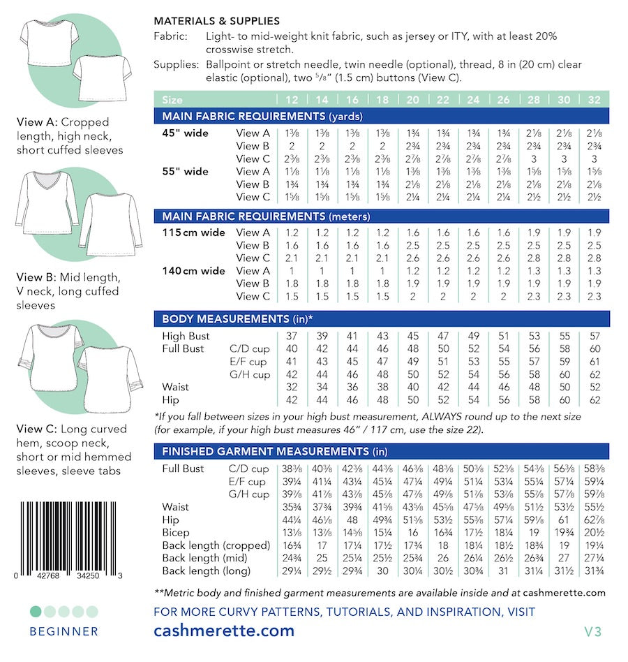 Cashmerette - Concord T-Shirt Sewing Pattern (US 12-32)