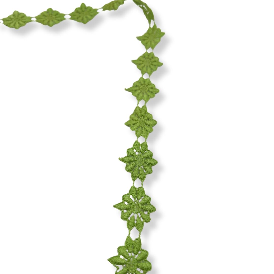 20mm Cotton Floral Trimming | Embroidered Daisy Trim - Green