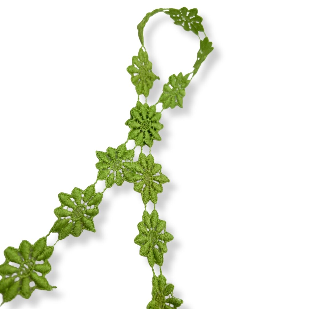 Cotton Embroidered Daisy Trim Green 20mm Wide Twist