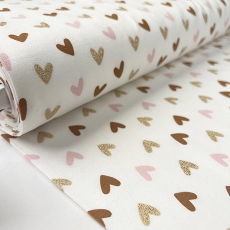 Cotton Jersey Sparkle Heart Elastane Knit Glitter Off White Gold Pink Brown Print Top Fabric Bolt