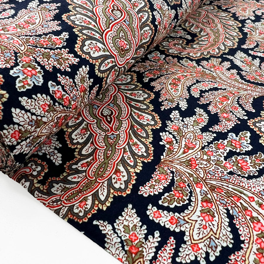 Cotton Lawn Dressmaking Fabric Navy Pink Paisley Trellis Bolt