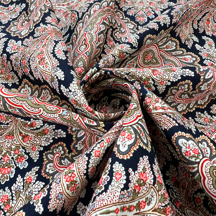 Cotton Lawn Dressmaking Fabric Navy Pink Paisley Trellis Twist