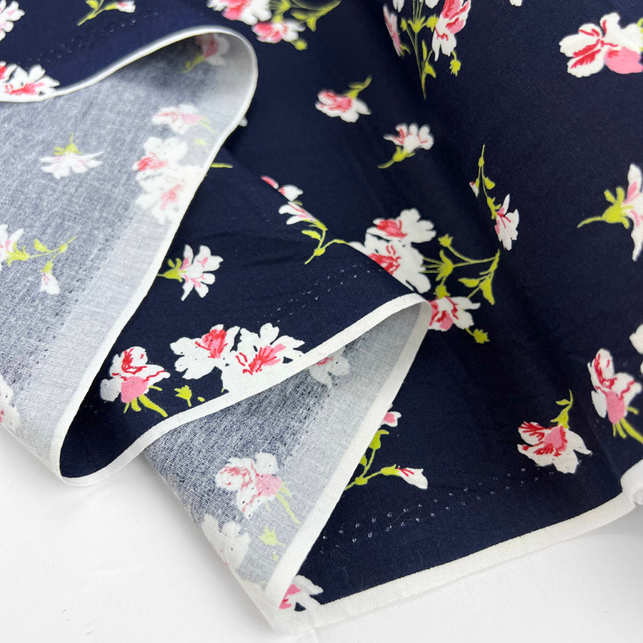 Cotton Poplin Dress Fabric Pink Flower Lilyanne Navy Fold