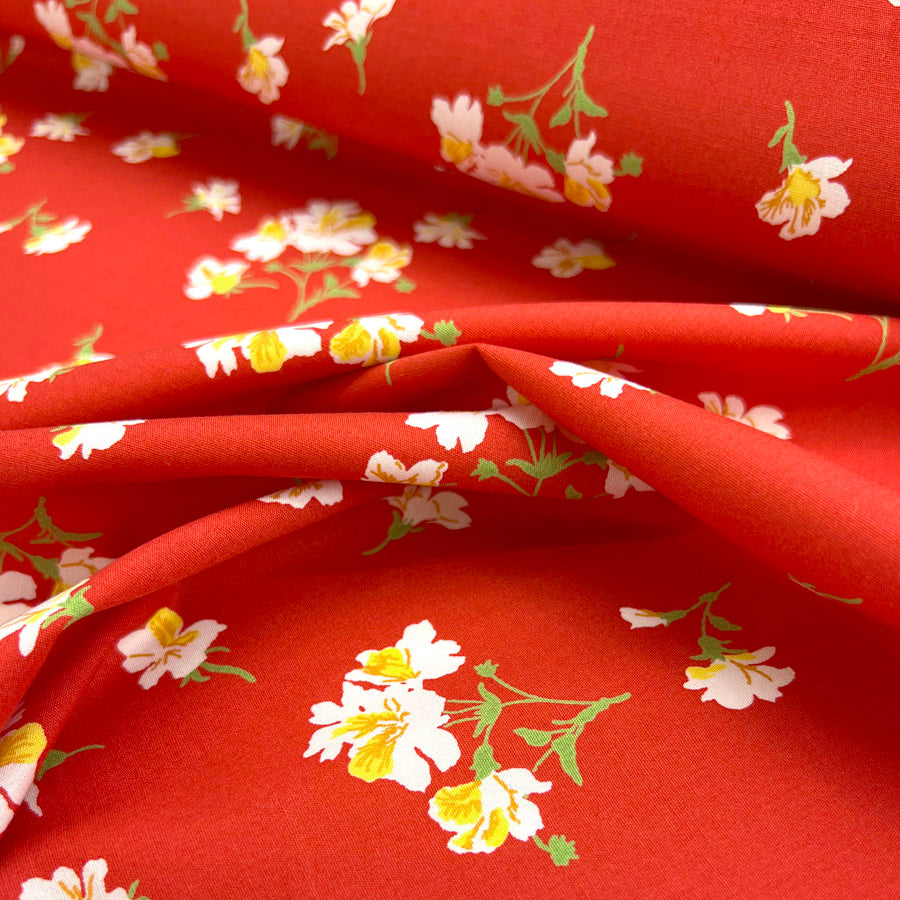 Cotton Poplin Dress Fabric Yellow Flower Lilyanne Red