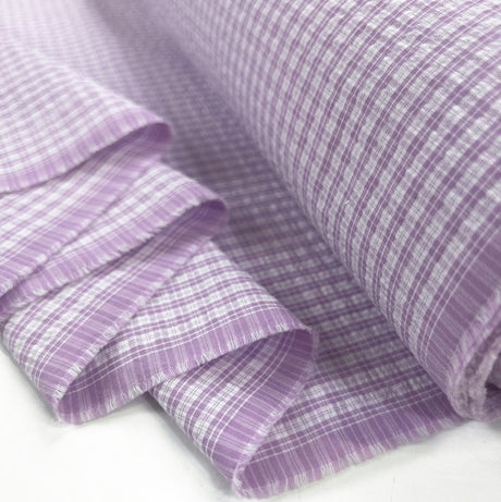 Cotton Seersucker Check Lilac White Fold