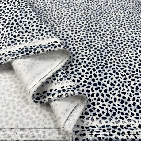 Cotton Stretch Navy Cheetah Blue White Animal Print Polyester Elastane Woven Trouser Fabric Fold
