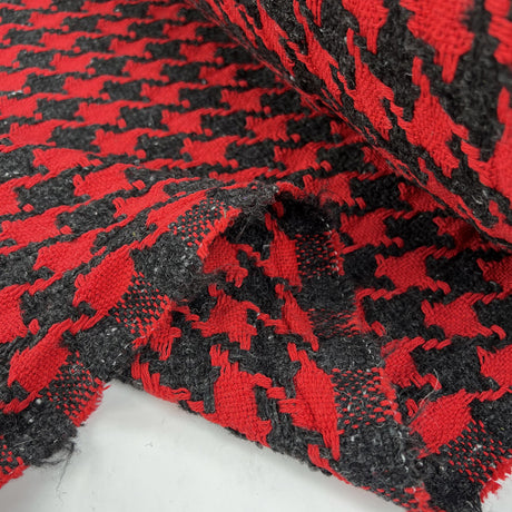 Cotton Tweed Red Grey Black Houndstooth Check Ex Designer Italian Deadstock Coating Fabric Fold