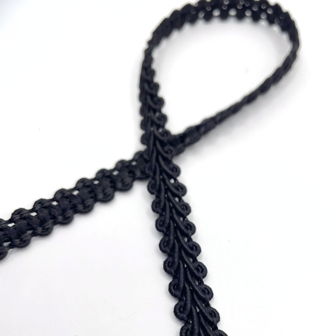 Cotton Viscose Blend Scrolled Gimp Braid Trim Black Twist