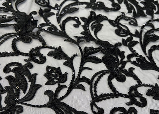 Dahlia Lace Polyester Black Floral Net Sequin Evening Party Wear Fabric