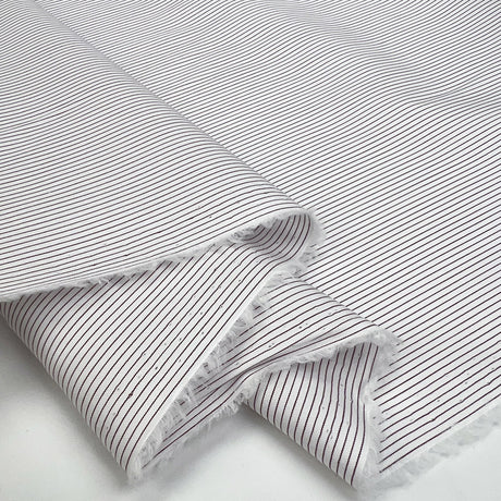 Damson Pinstripe Cotton Stripe Italian White Burgundy Shirting Fabric Fold