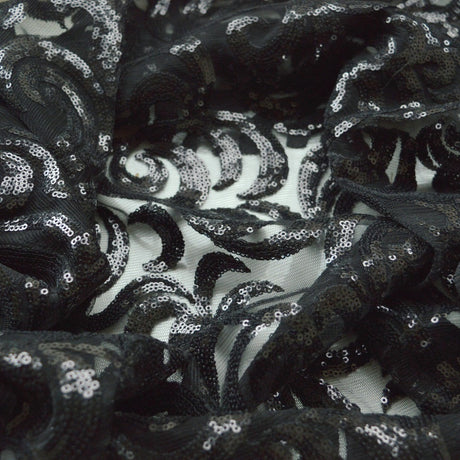 Dancing Armour Black Swirly Sequins Pattern Polyester Net Dress Fabric Cud
