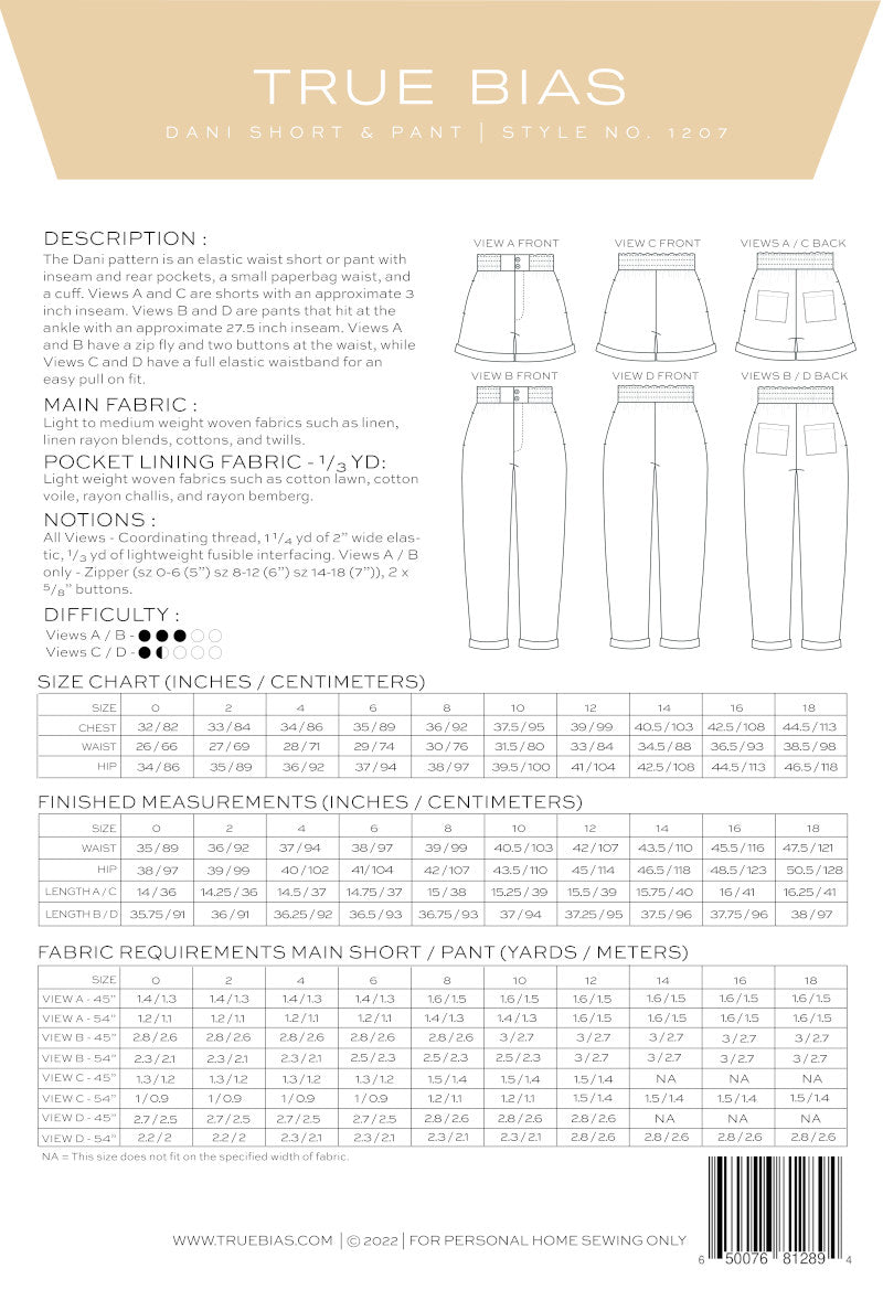 True Bias - Dani Shorts & Pant Pattern (Sizes 0-18)