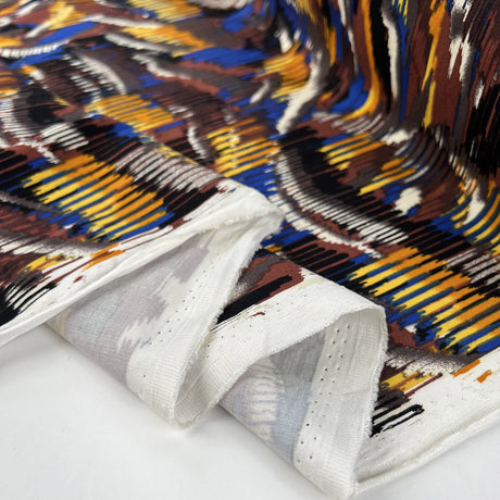 Desert Flame Viscose Spandex Blue Yellow Black Abstract Dress Fabric Fold