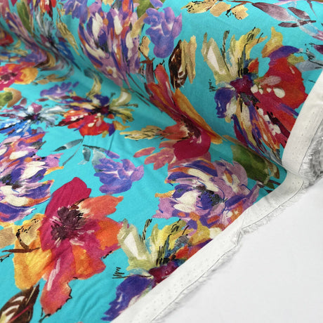 Digital Print Floral Viscose Fabric Finest Challis Blue Paradise Roll
