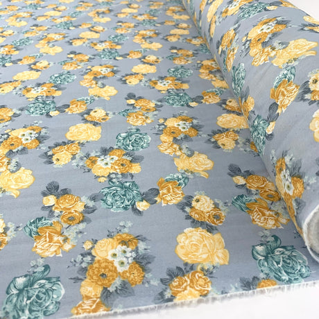 Doodle Grey Lemon Floral Dress Craft Cotton Material Roll