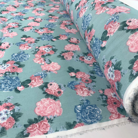 Doodle Mint Pink Floral Dress Craft Cotton Material Roll