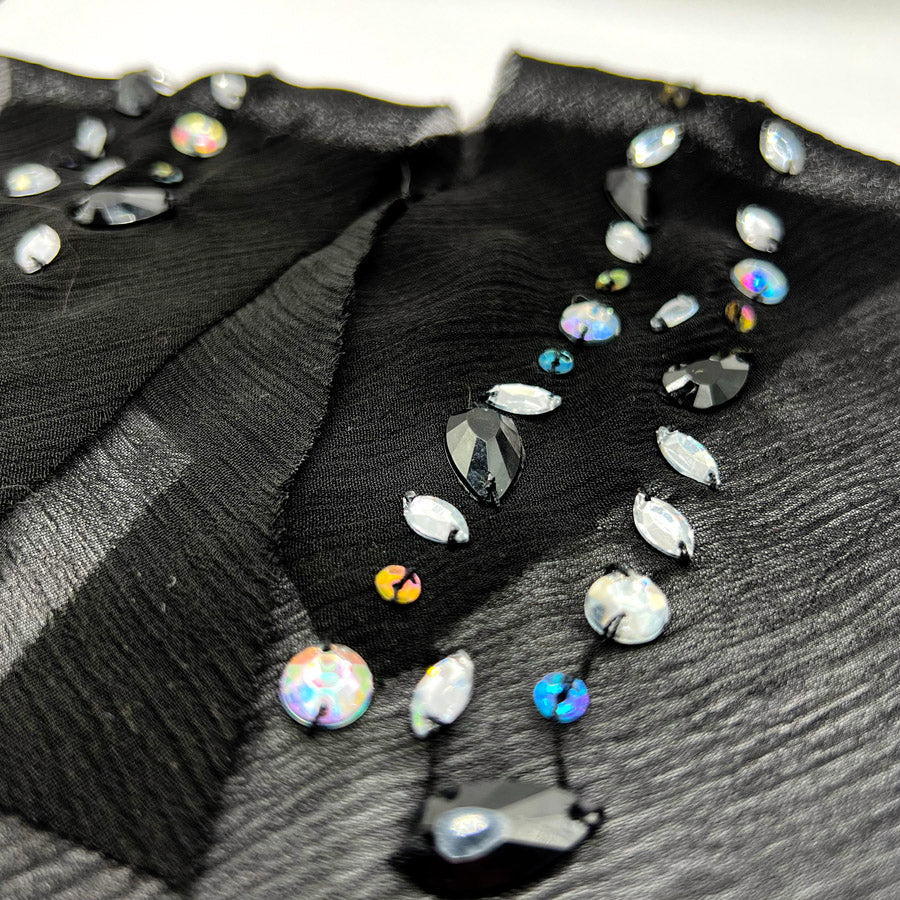 Embellished Sequin Mesh Cuff Yoke Collar Black