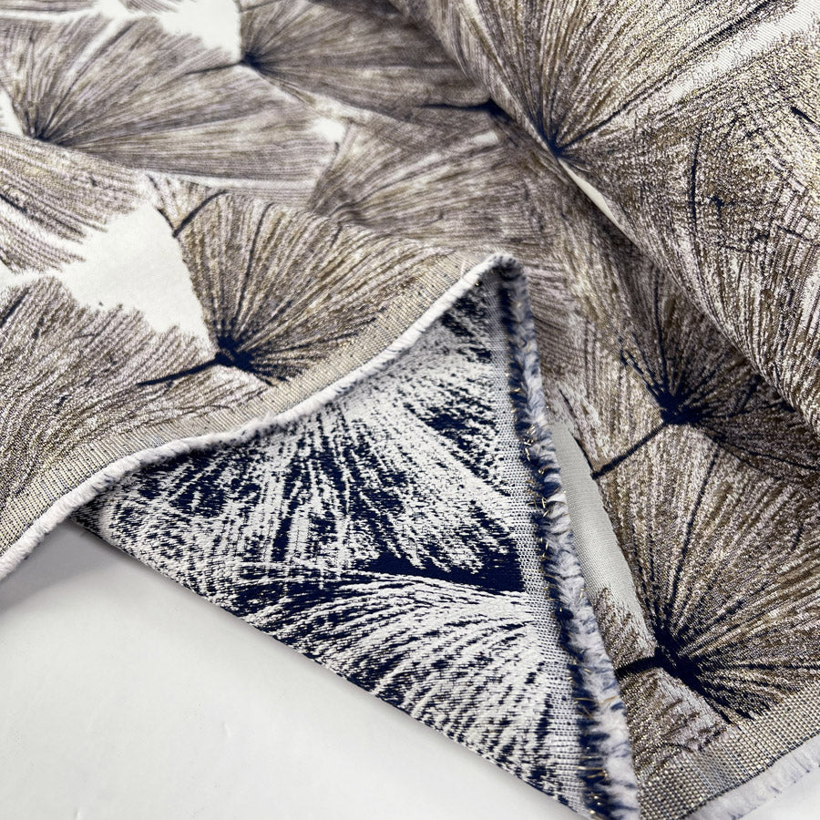 Ember Brocade Pink Floral Jacquard Polyester Metallic Navy White Gold Dress Fabric Fold