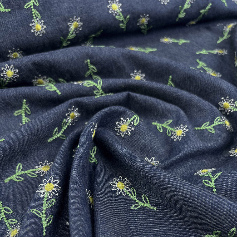 Embroidered Denim Chambray - Daisy