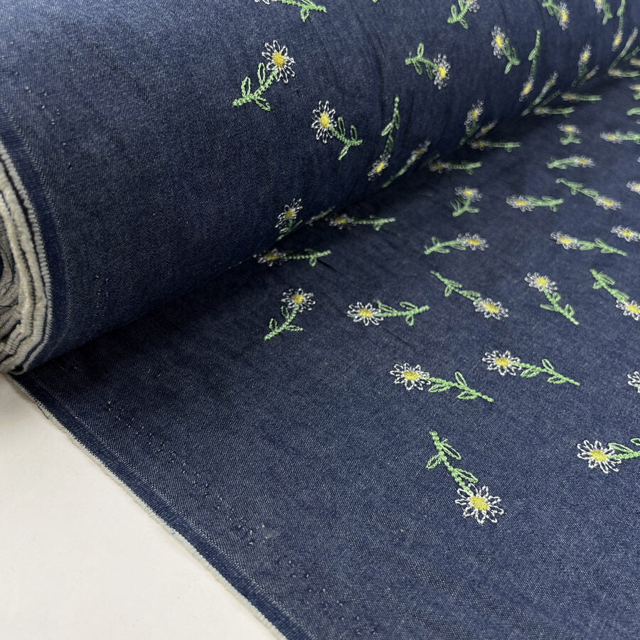 Embroidered Denim Chambray - Daisy