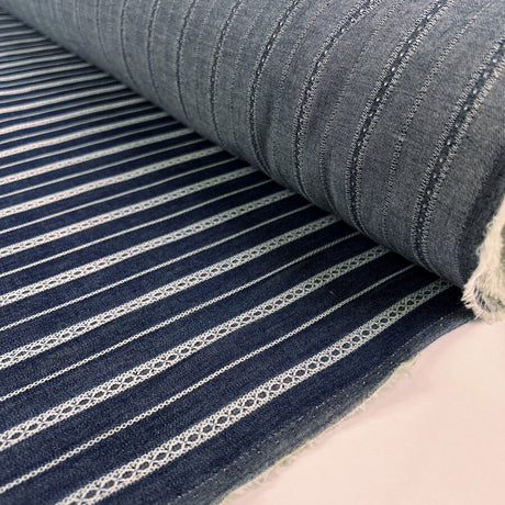 Embroidered Denim Chambray Indy Indigo White Stripe Ex Designer Deadstock Dress Fabric Roll