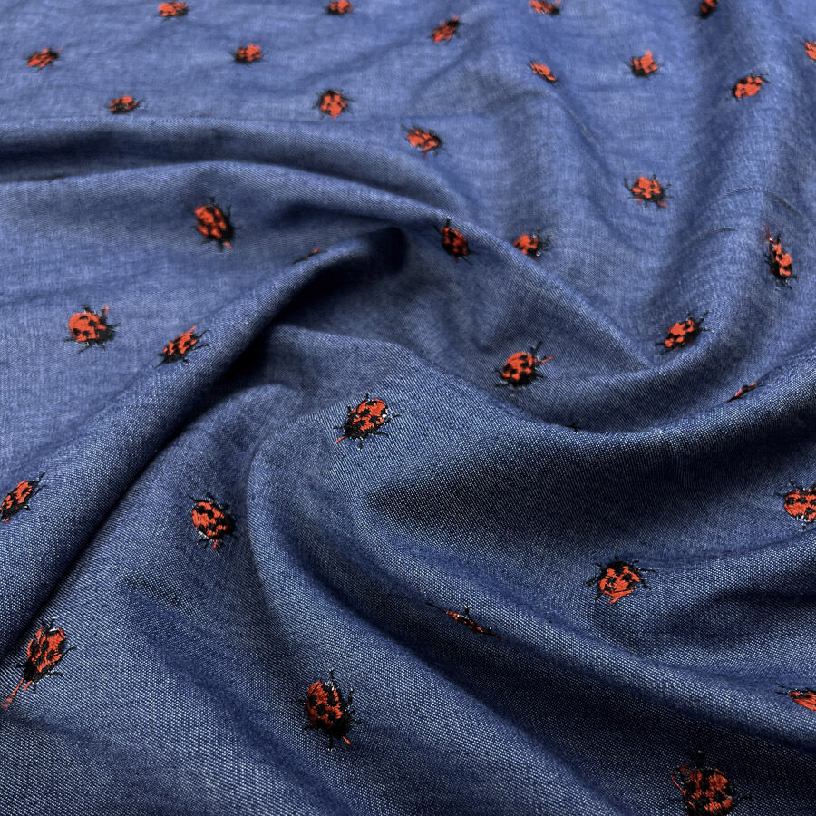 Embroidered Denim Chambray - Ladybug