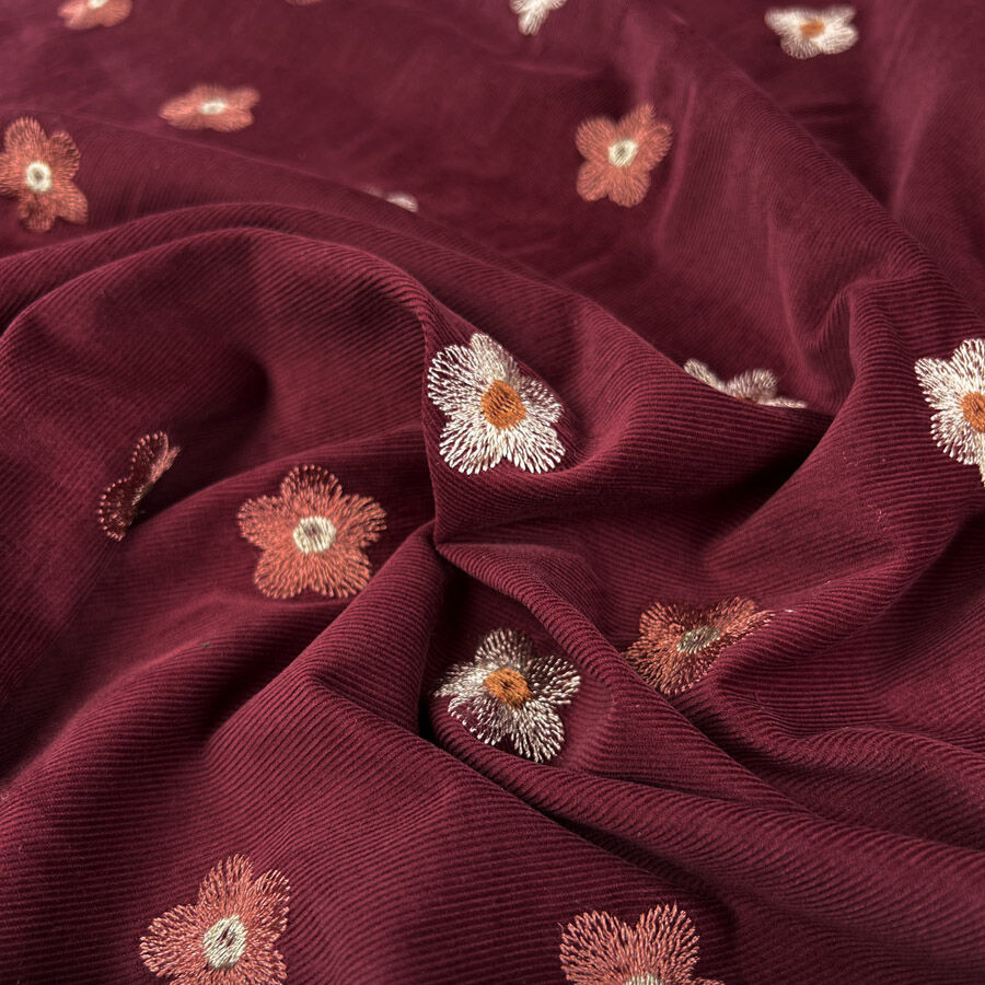 Embroidered Needlecord Daisy Wine Floral Cotton Polyester Dress Fabric