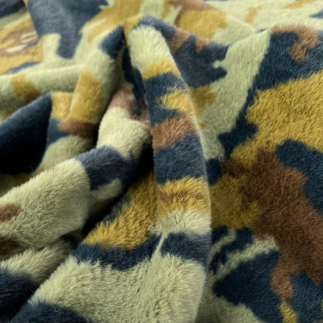 Faux Fur Camo Green Polyester Navy Brown Cream Soft Fluffy Fabric