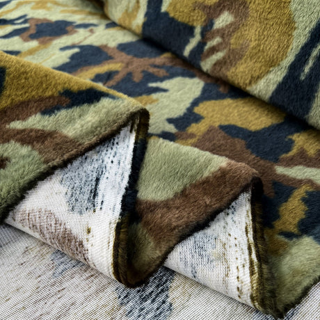 Faux Fur Camo Green Polyester Navy Brown Cream Soft Fluffy Fabric Fold