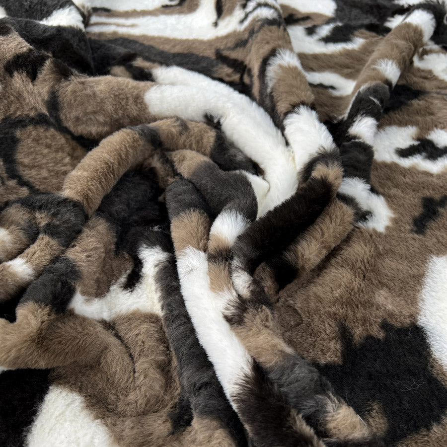 Faux Fur Camo Polyester Black Brown Cream Soft Fluffy Fabric